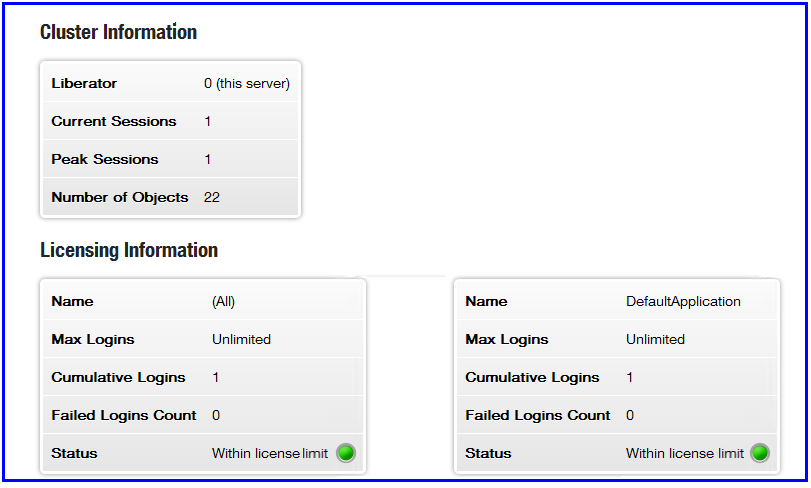 Screen shot of Liberator Status page: Cluster and Licencing Information sections