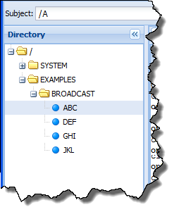 Directory panel of Liberator Explorer with directory tree expanded to show subject /EXAMPLES/BROADCAST/ABC